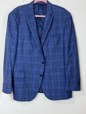 Peter Millar 100% Wool Sport Coat Blazer 46R Made Canada Windowpane Plaid Blue